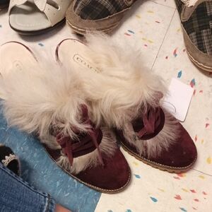 Coach Maroon and Cream Fur Women's Mules